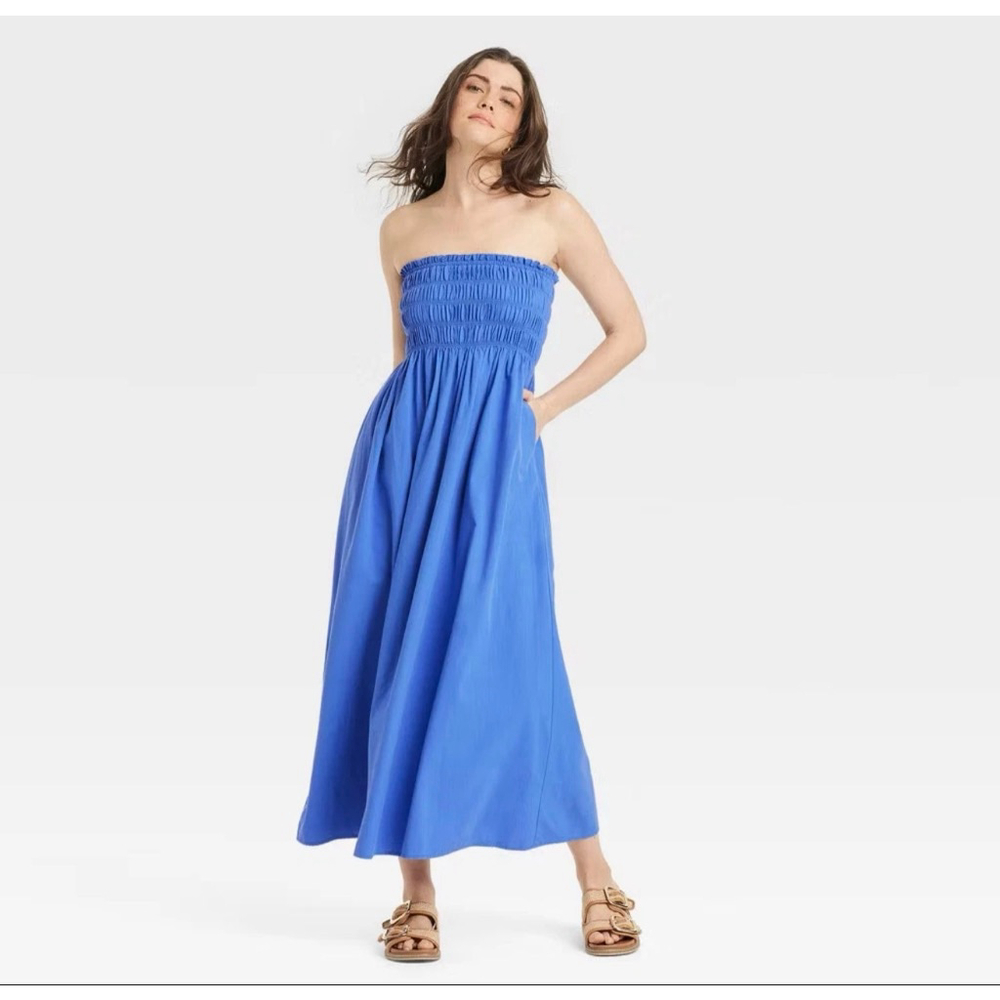 🔵 Blue Strapless Midi A-Line Dress Large NEW without tag universal thread
